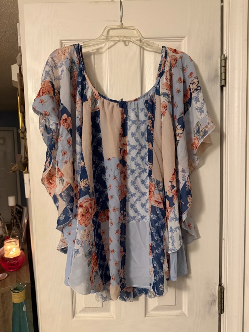 Cato Blue Floral Patchwork Flutter Sleeve Top